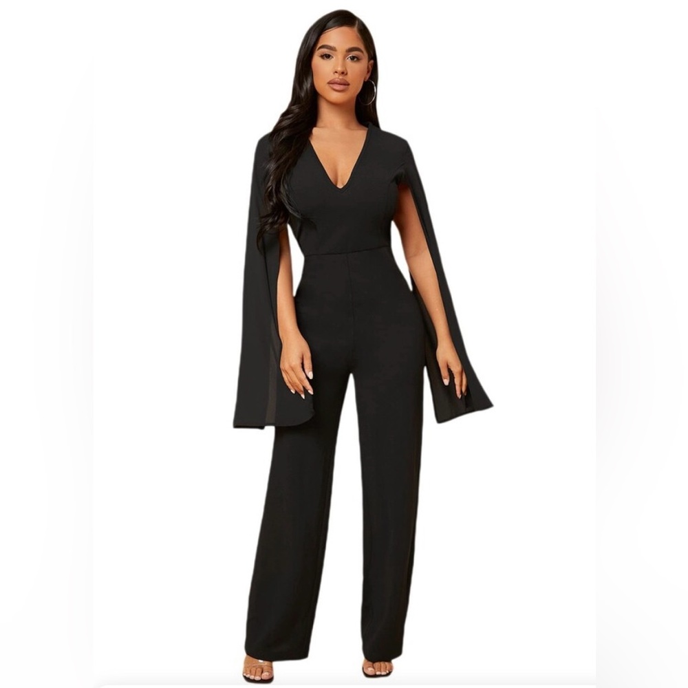 New Dressy Black High Waist Jumpsuit Deep V-Neck Split Long Sheer Sleeves 3X - Picture 1 of 15